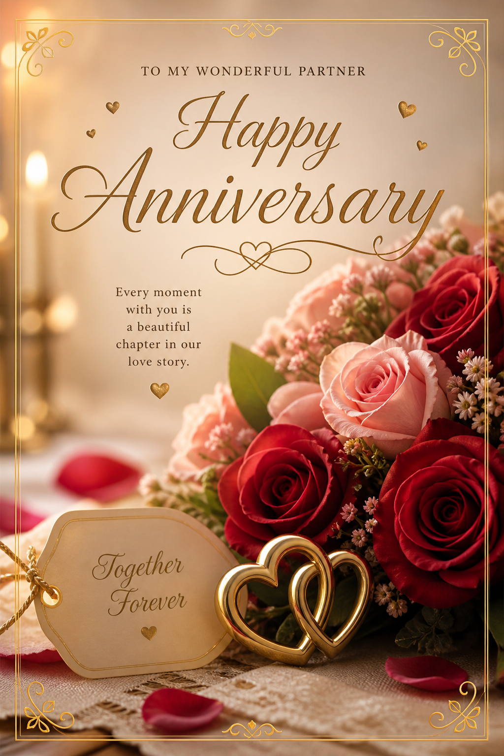 Jubiläum Karte — photo-realistic style card design, featuring romantic florals, gold accents, elegant typography, soft warm lighting