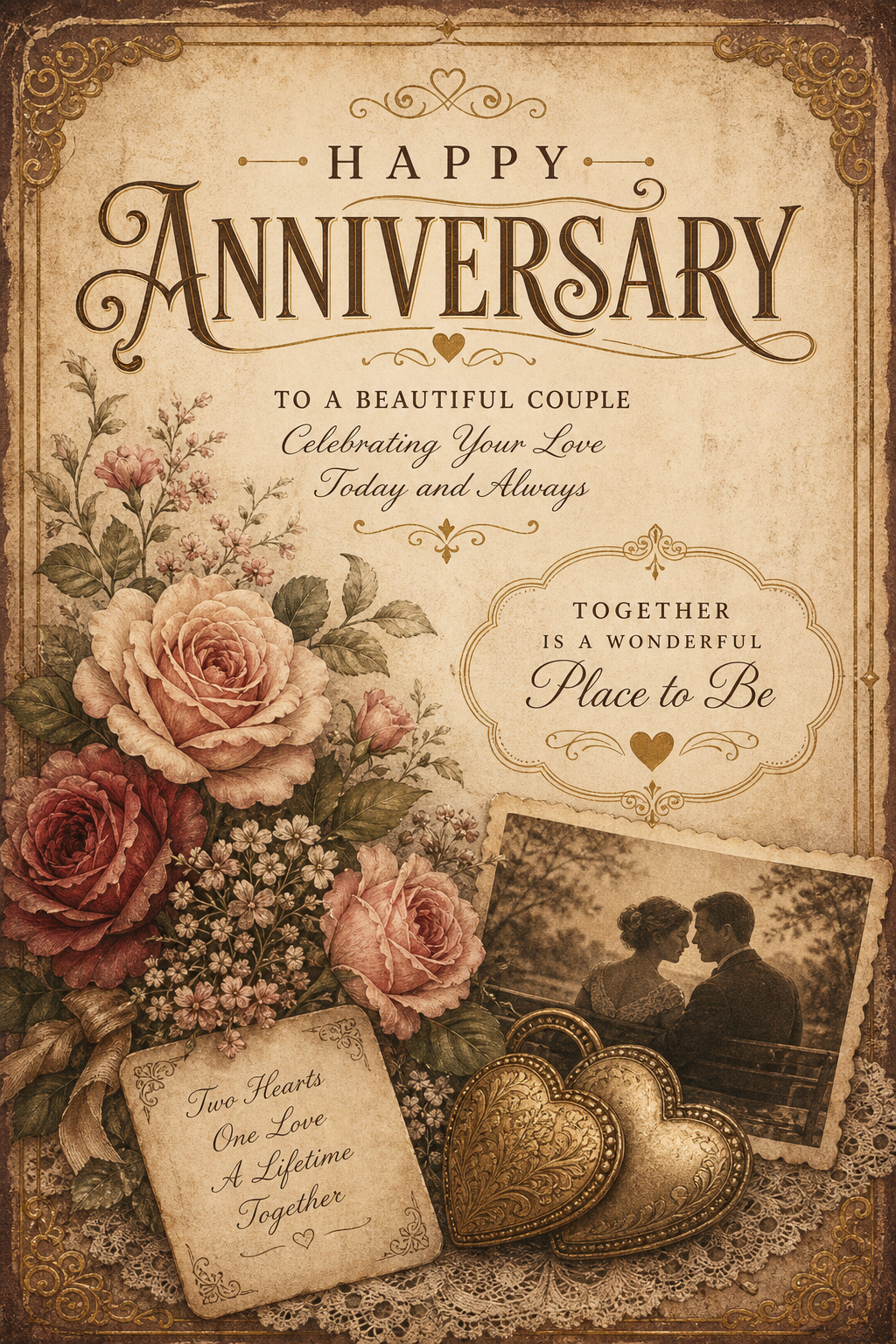 Jubiläum Karte — vintage style card design, featuring romantic florals, gold accents, elegant typography, soft warm lighting