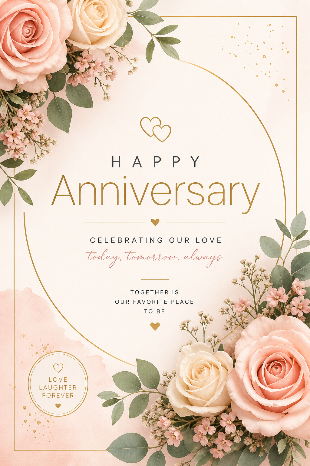 Jubiläum Karte — modern style card design, featuring romantic florals, gold accents, elegant typography, soft warm lighting