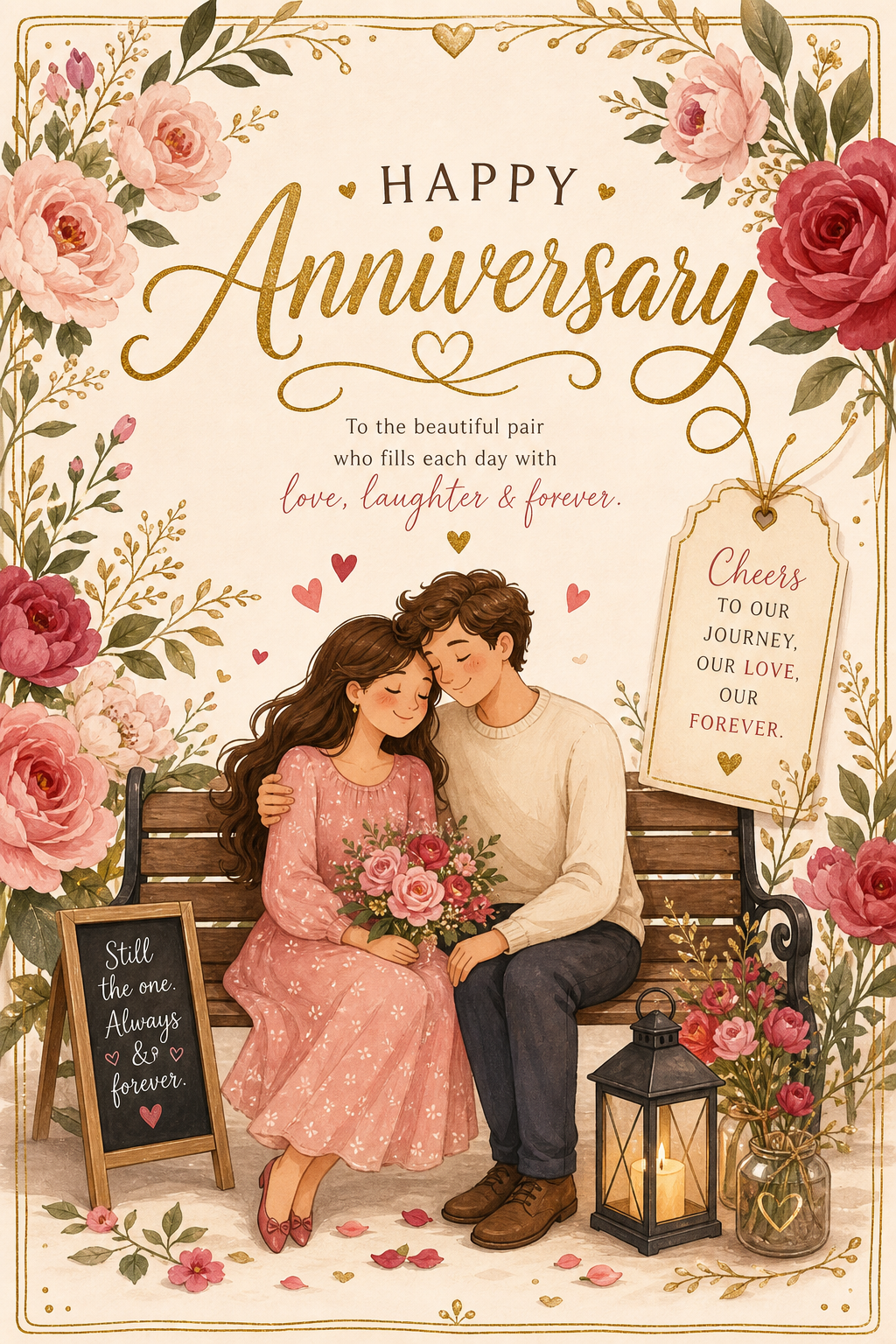 Jubiläum Karte — illustration style card design, featuring romantic florals, gold accents, elegant typography, soft warm lighting