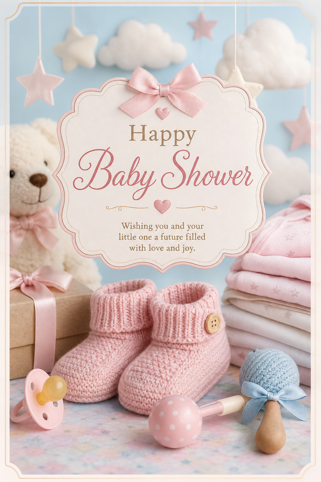 Baby shower Tarjeta — photo-realistic style card design, featuring soft pastels, baby motifs (booties, rattles, pacifiers), gentle clouds