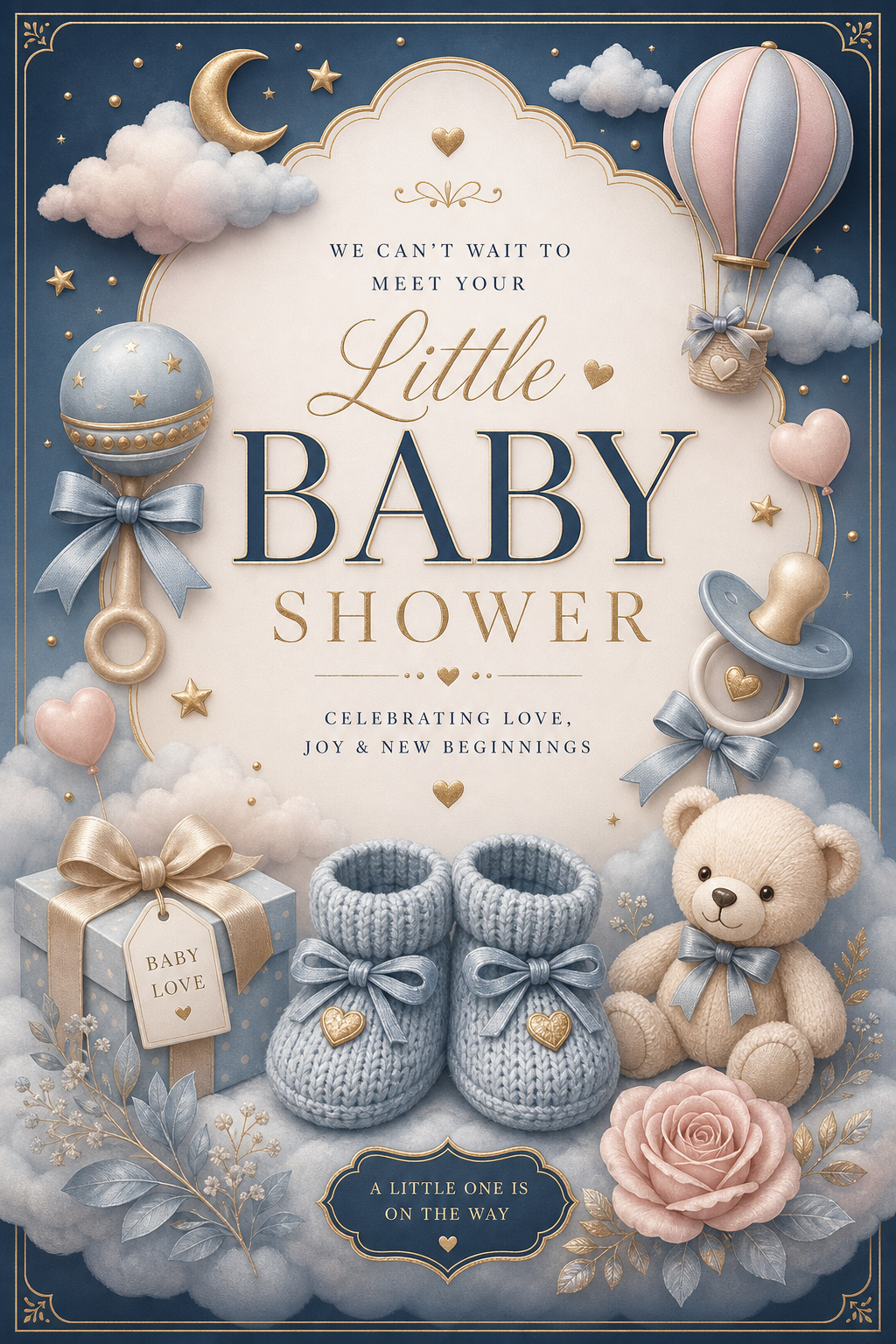 Baby shower Tarjeta — elegant style card design, featuring soft pastels, baby motifs (booties, rattles, pacifiers), gentle clouds