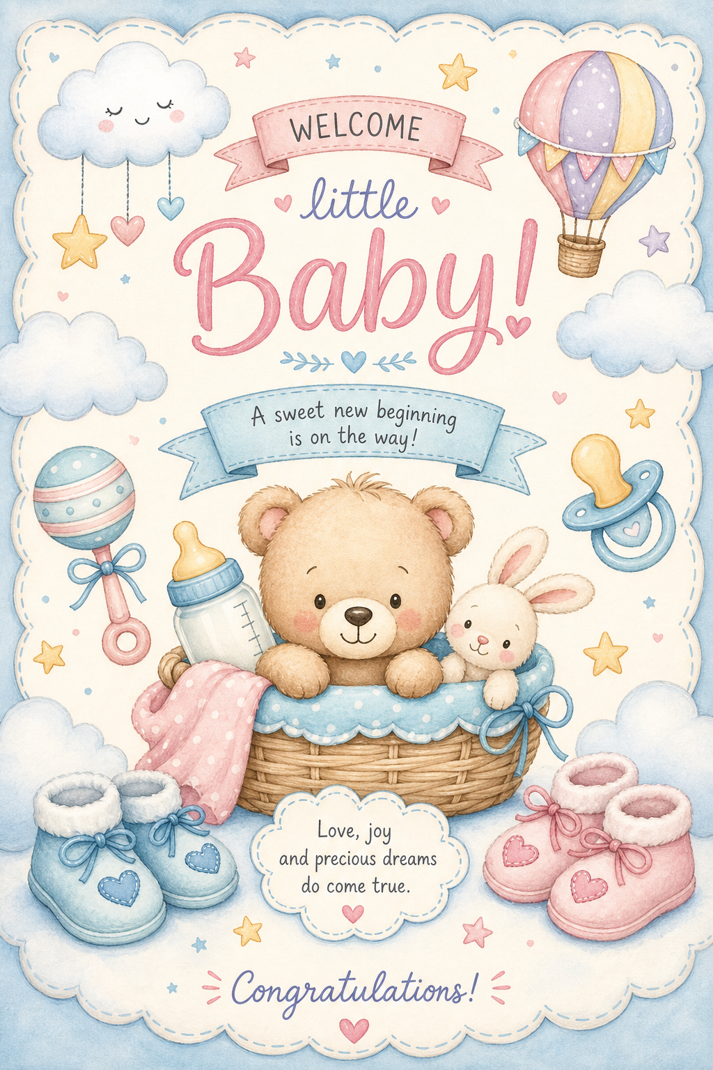 Baby shower Tarjeta — illustration style card design, featuring soft pastels, baby motifs (booties, rattles, pacifiers), gentle clouds