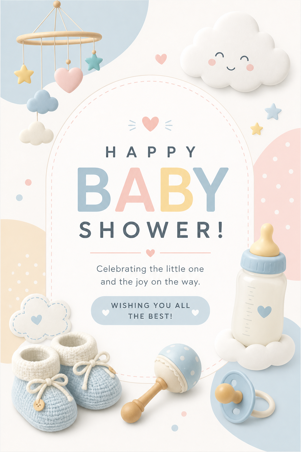 Baby shower Tarjeta — modern style card design, featuring soft pastels, baby motifs (booties, rattles, pacifiers), gentle clouds