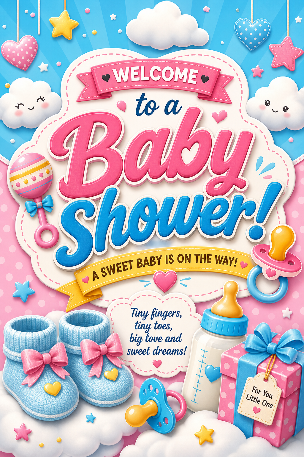 Baby shower Tarjeta — vibrant style card design, featuring soft pastels, baby motifs (booties, rattles, pacifiers), gentle clouds