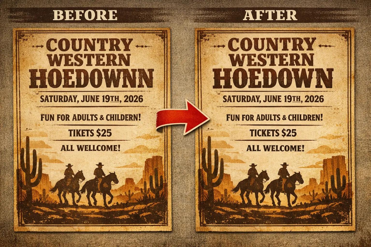Event flyer typo fix before and after created with Pixazo AI