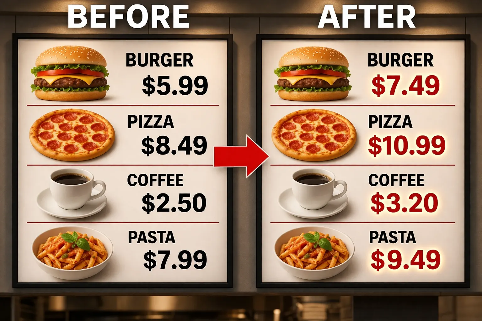 Menu board price update before and after created with Pixazo AI