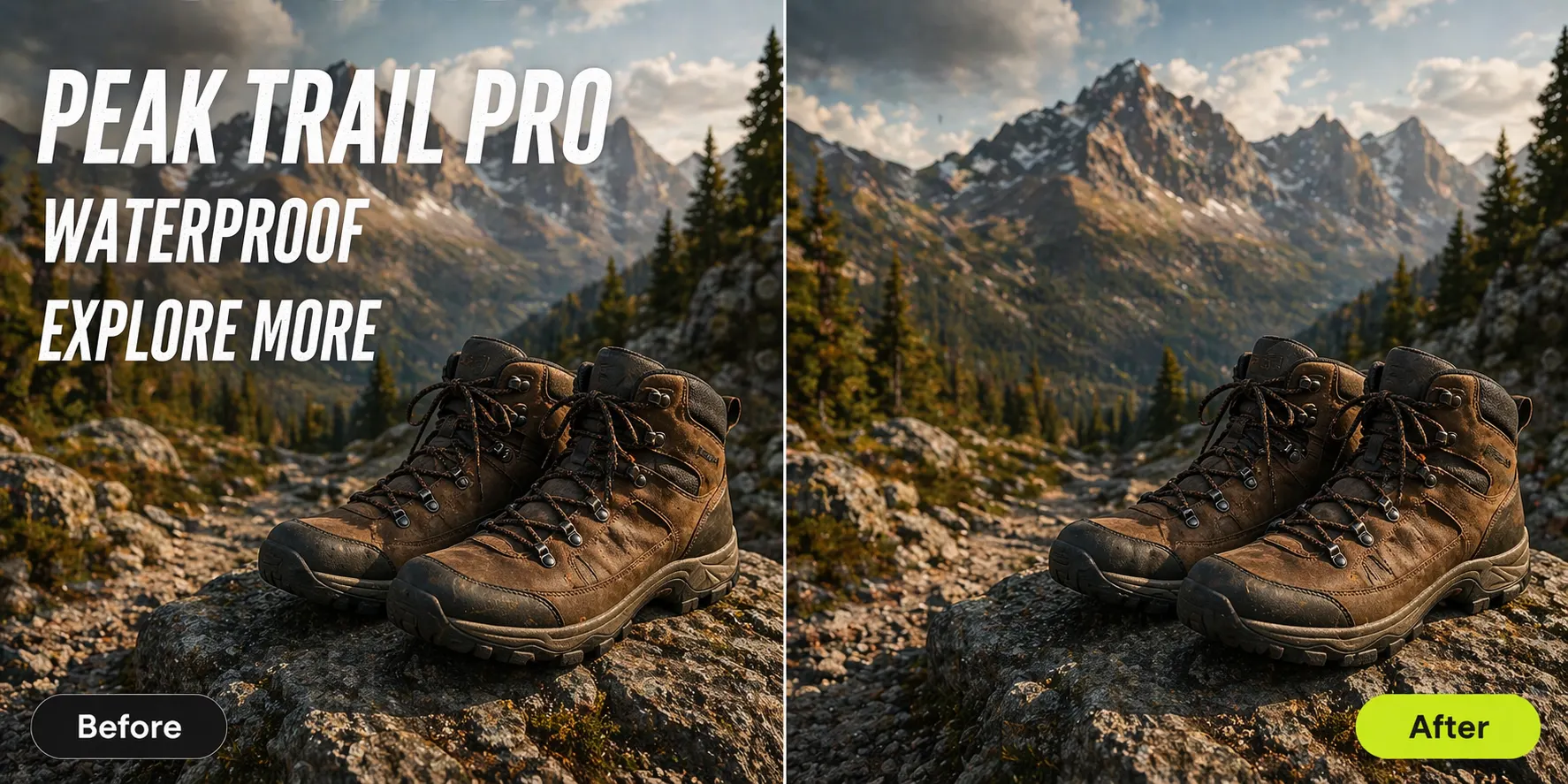 PeakTrail hiking boots ad before and after AI text removal — Pixazo Photo Text Editor