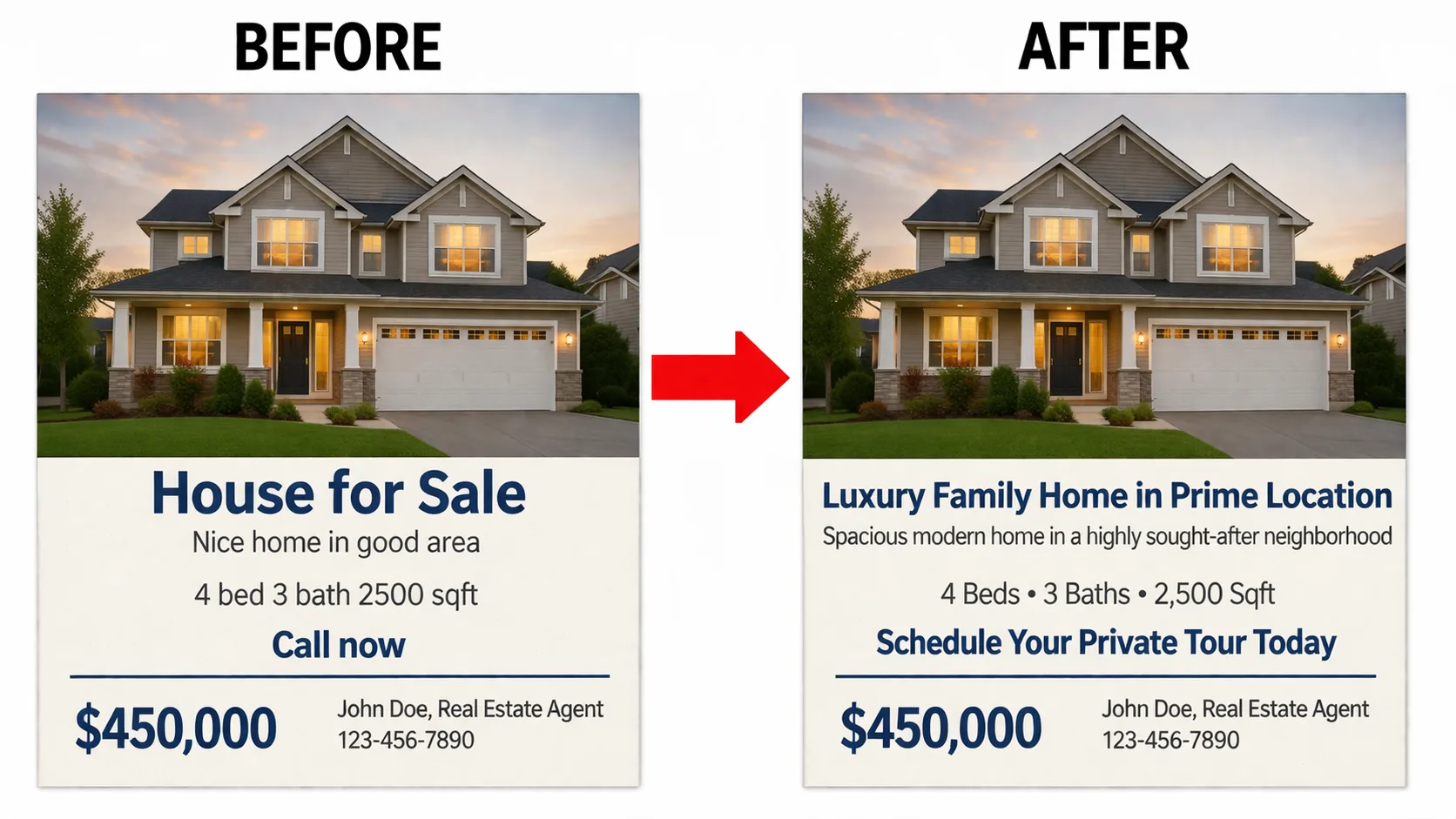 Real estate listing flyer before and after created with Pixazo AI