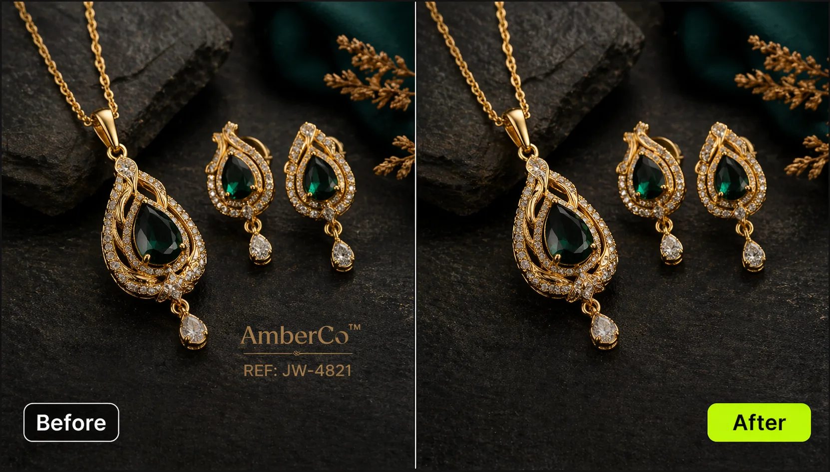 Jewelry product photo with supplier branding removed by Amara Osei using Pixazo AI