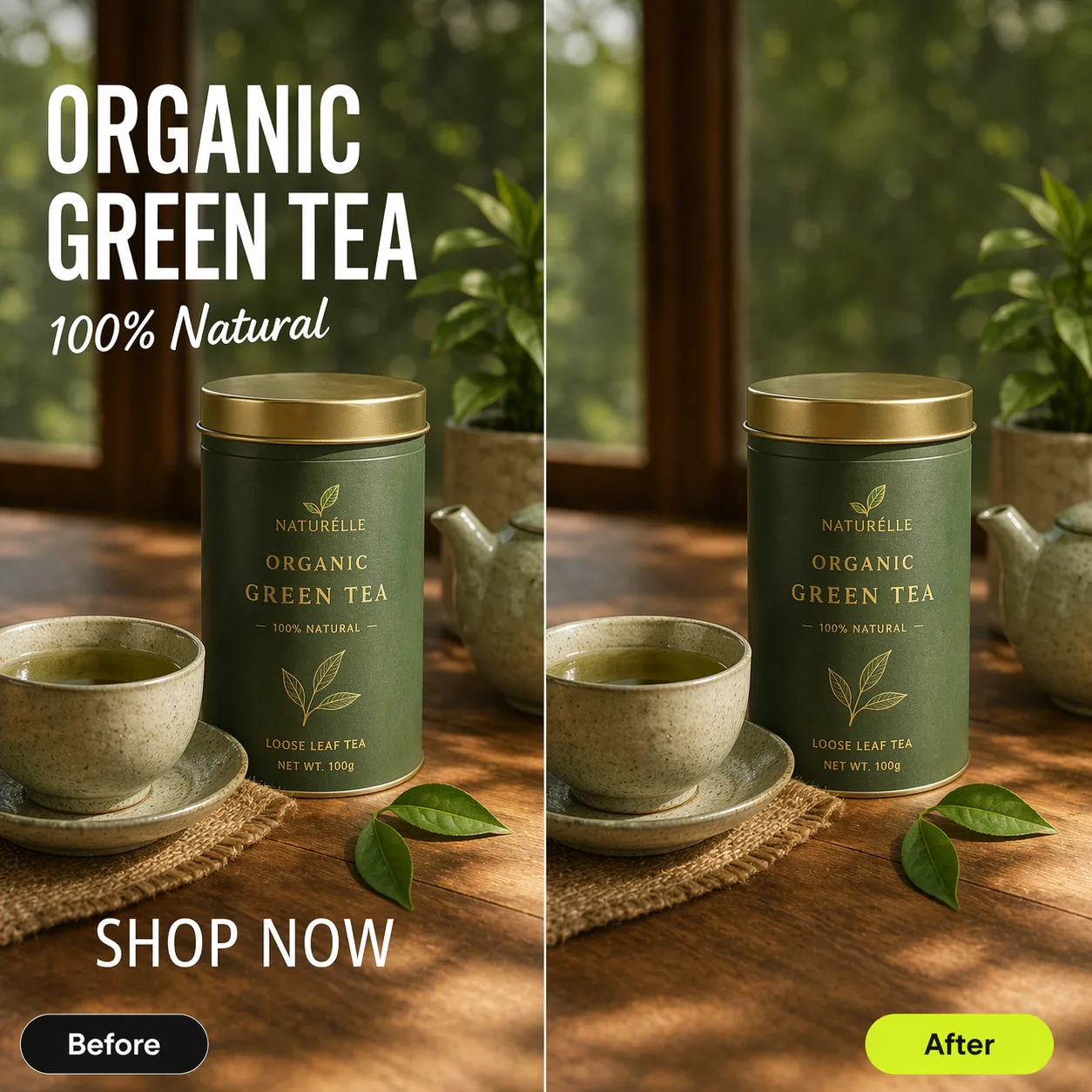 GreenLeaf organic tea ad before and after AI text removal — Pixazo Photo Text Editor