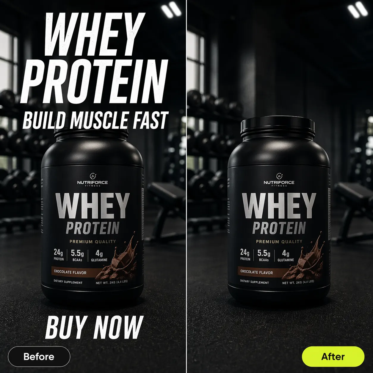 FitPulse sports supplement ad before and after AI text removal — Pixazo Photo Text Editor