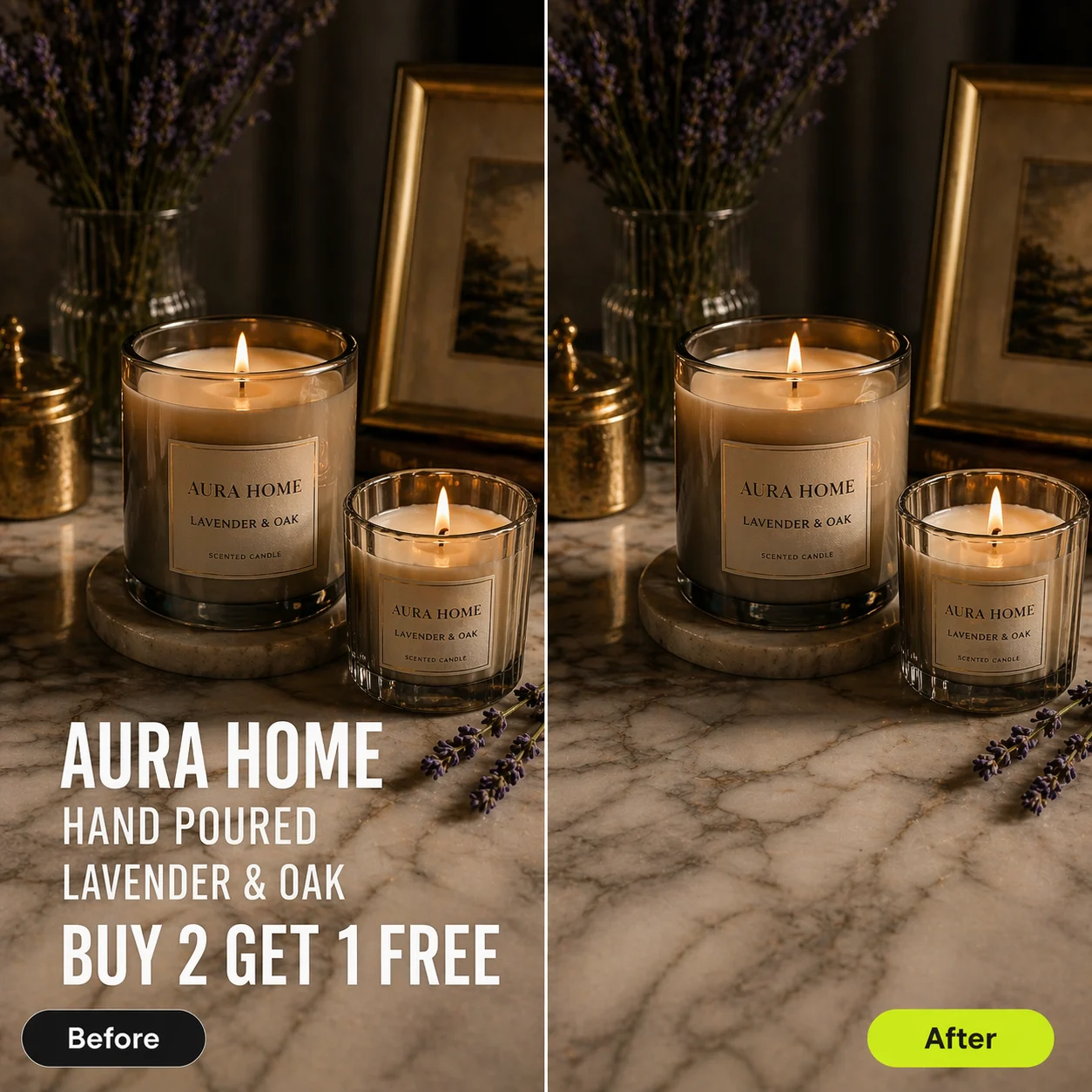AuraHome scented candle ad before and after AI text removal — Pixazo Photo Text Editor