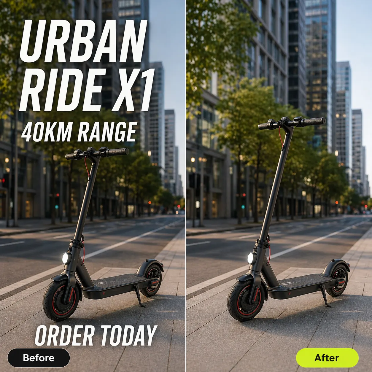 UrbanRide electric scooter ad before and after AI text removal — Pixazo Photo Text Editor